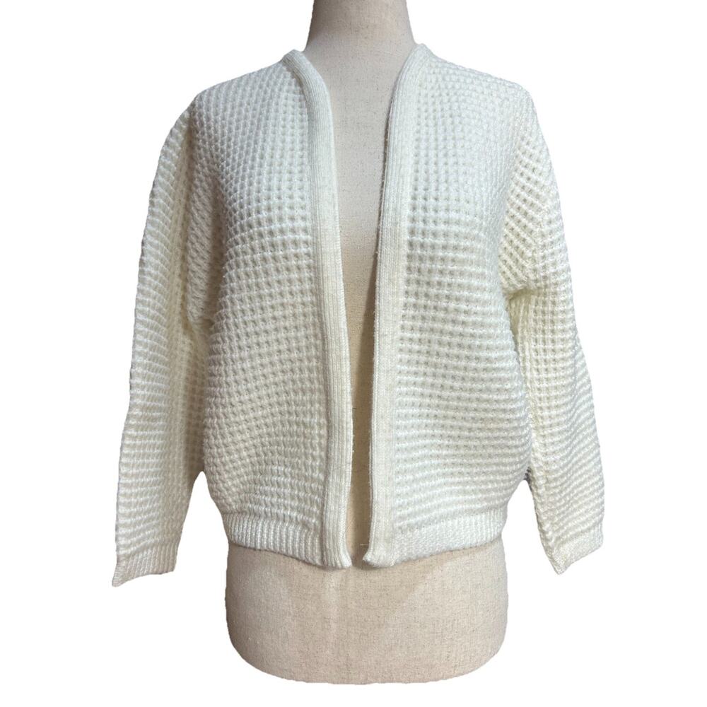 Vintage 70s Women’s Waffle Knit Cropped Open Cardigan Size S Preppy Retro Chic